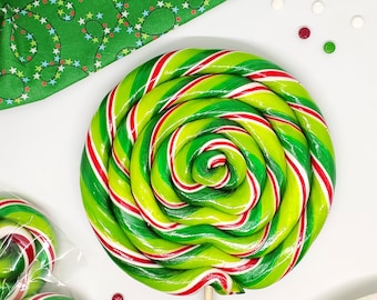 Piruleta navideña gigante con espiral, hecha a mano, personalizable, cualquier sabor, 15 cm, ideal para Navidad, bodas y cumpleaños, MadScienceSweets
