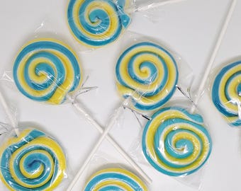 10 piruletas azules y amarillas hechas a mano, personalizables, de cualquier sabor, de 6,35 cm, ideales para regalos de Navidad y cumpleaños, MadScienceSweets