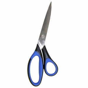 May include: A pair of scissors with black and blue handles and silver blades.
