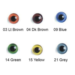 May include: Assortment of six plastic doll eyes in various colors, including light brown, dark brown, blue, green, yellow, and gray. The eyes are arranged in two rows of three. Each eye has a black pupil.