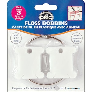 Pkg of 28 DMC Plastic Floss Bobbins with or without Metal Ring Easy-wind for storing & organizing embroidery floss