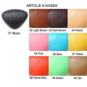 May include: A chart showing different colors of plastic noses for doll making. The colors include black, light brown, dark brown, peach, pink, blue, yellow, flame red, green, and tan.