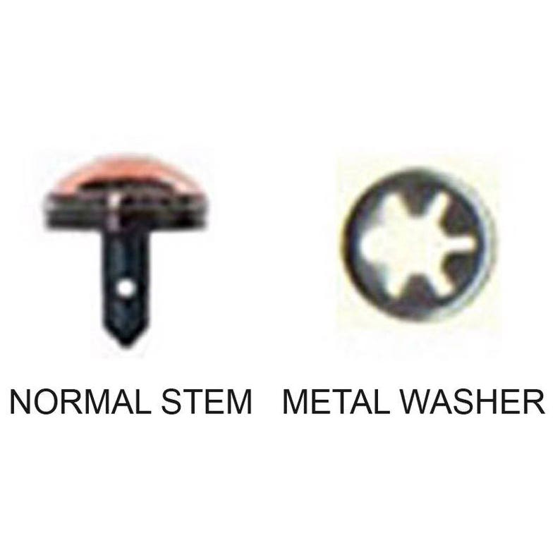 May include: A close-up of a metal fastener with a normal stem and a metal washer. The stem is black and the washer is silver with a star-shaped hole in the center.