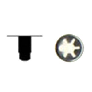 May include: Two black plastic push rivets, one viewed from the side and the other from the top. The side view shows a cylindrical body with a flat head. The top view reveals a star-shaped design within a circular head.