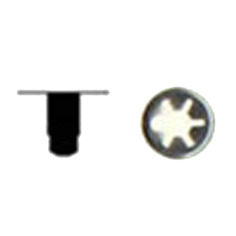 May include: Two black plastic push rivets, one viewed from the side and the other from the top. The side view shows a cylindrical body with a flat head. The top view reveals a star-shaped design within a circular head.