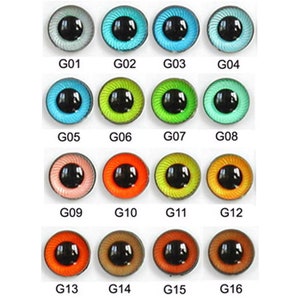 May include: Assortment of 16 colourful plastic doll eyes, each with a black pupil. The eyes are arranged in four rows of four, with each row labelled G01 through G16.