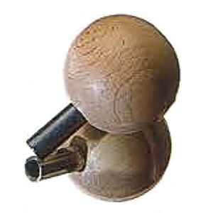 May include: A wooden bottle stopper with a carved design and a metal spout. The stopper is shaped like a snowman with two round sections.