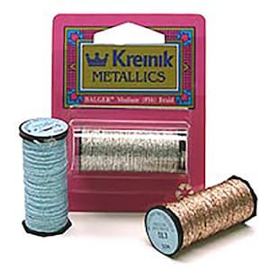 May include: Two spools of metallic thread, one blue and one gold, with a pink and white package labeled "Kreinik Metallics" in the background.