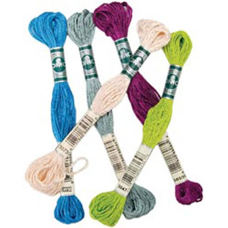 Pu&ograve; includere: Sei matasse di filo da ricamo in vari colori, tra cui azzurro, verde acqua, verde chiaro, rosa, viola e un'etichetta verde scuro con DMC stampato su di essa.