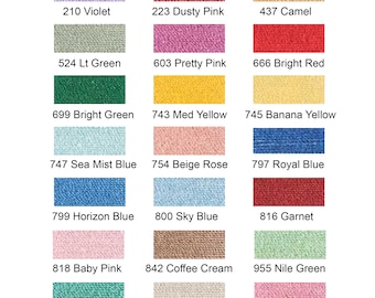 May include: A color chart with fabric swatches in various shades of pink, blue, green, yellow, and brown. The swatches are labeled with numbers and color names, such as 210 Violet, 223 Dusty Pink, 437 Camel, 524 Lt Green, 603 Pretty Pink, 666 Bright Red, 699 Bright Green, 743 Med Yellow, 745 Banana Yellow, 747 Sea Mist Blue, 754 Beige Rose, 797 Royal Blue, 799 Horizon Blue, 800 Sky Blue, 816 Garnet, 818 Baby Pink, 842 Coffee Cream, 955 Nile Green, 992 Aquamarine, 3033 Mocha Cream, and 3326 Wild Rose.
