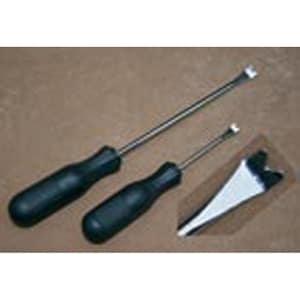 May include: Two tools with black handles and metal blades. The tools are used for prying or scraping.