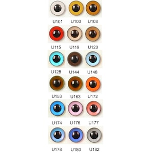 May include: Assortment of plastic eyes for crafts, with various colours and sizes. The eyes are labelled with numbers, including U101, U103, U108, U115, U119, U120, U128, U144, U148, U153, U163, U172, U174, U176, U177, U178, U180, and U182.