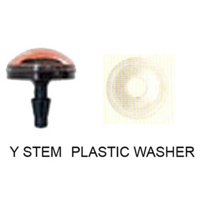 May include: A close-up of a small, round, copper-colored plastic eye with a black Y-shaped stem and a clear plastic washer. The washer is textured with small lines.