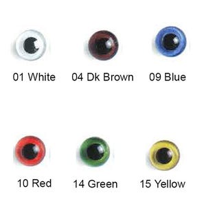 May include: Assortment of plastic doll eyes in various colours, including white, brown, blue, red, green, and yellow. The eyes have black pupils.