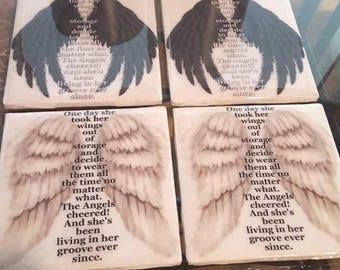 Angel Wings, Coasters - "The Weight of These Wings", kitchen, table, drinks.