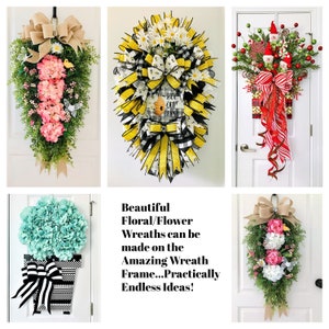 May include: A collection of five different floral wreaths, each with a unique design and color scheme. The wreaths are made with a variety of materials, including flowers, ribbons, and greenery. The wreaths are all hanging on doors or walls. The text "Bee our guest" is visible on one of the wreaths.