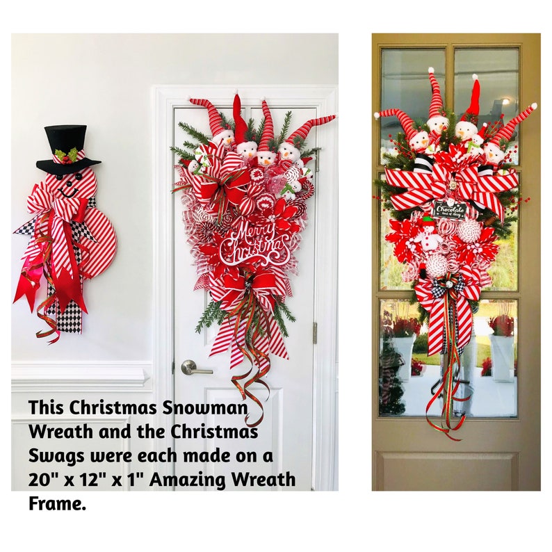 May include: A red and white striped Christmas wreath with a snowman and the words "Merry Christmas" on a 20 inch by 12 inch wreath frame.