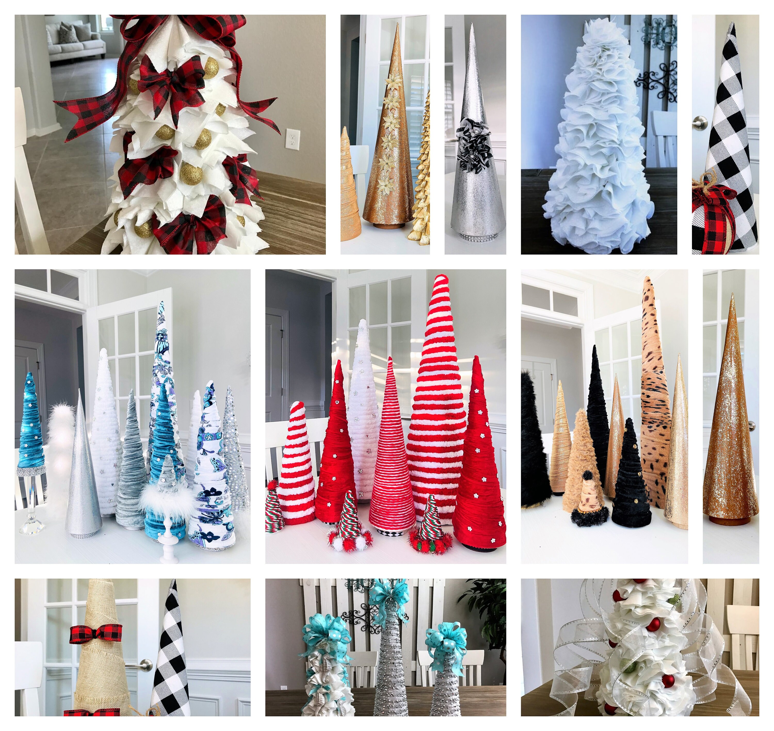 Styrofoam cone Christmas trees. Wrapped in yarn, tinsel garland, wired  ribbon or s…