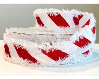 Red-White 1.5" Ribbon with White Fuzzy Trim, 5 yards or 10 yards, Candy Cane Ribbon