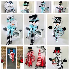 May include: A collage of nine images featuring various snowman door decorations. The snowmen are made of felt and have different colored hats, scarves, and bows. Some snowmen have signs that say "Welcome" or "Snow Place Like Home".