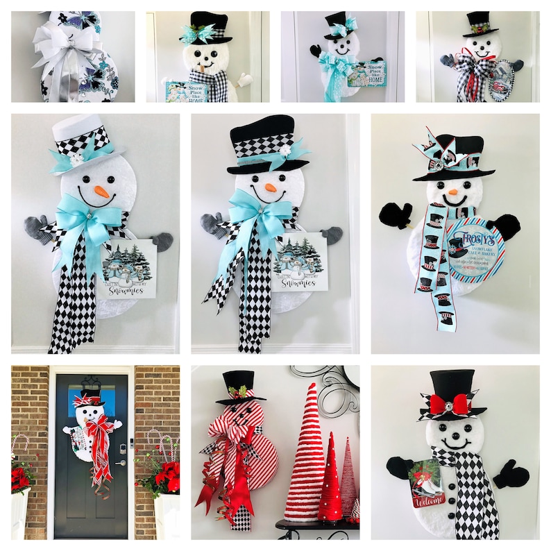 May include: A collage of nine images featuring various snowman door decorations. The snowmen are made of felt and have different colored hats, scarves, and bows. Some snowmen have signs that say "Welcome" or "Snow Place Like Home".