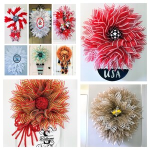May include: A collection of handmade wreaths featuring various designs and colors. The wreaths are made with mesh and ribbon and include patriotic, floral, and welcome themes. Some wreaths feature decorative accents like stars, flowers, and bows.
