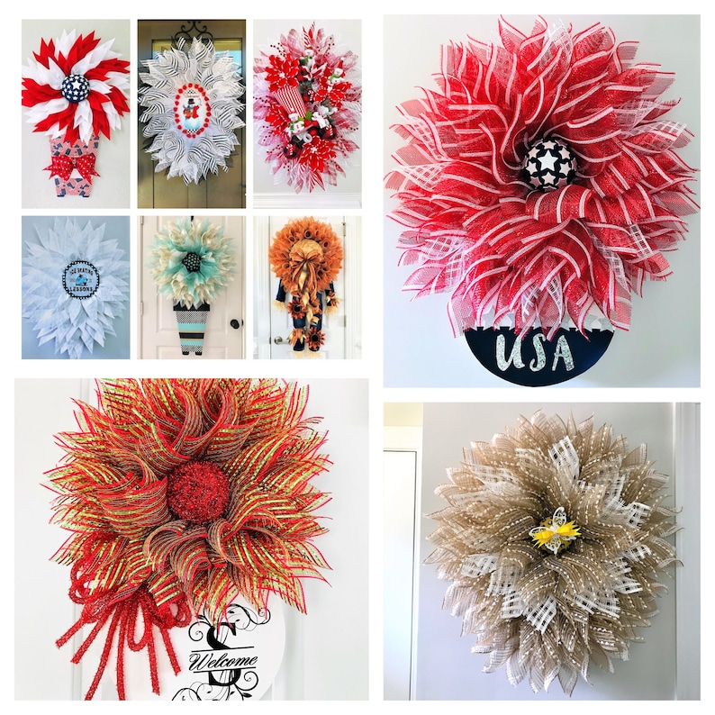 May include: A collection of handmade wreaths featuring various designs and colors. The wreaths are made with mesh and ribbon and include patriotic, floral, and welcome themes. Some wreaths feature decorative accents like stars, flowers, and bows.