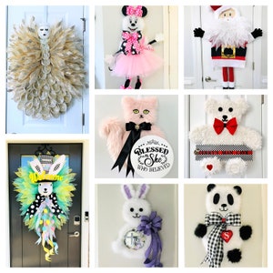 May include: A collage of nine images showcasing various door wreaths featuring different themes and characters. The wreaths are made with a variety of materials, including fabric, fur, and ribbon. Some of the wreaths feature popular characters like Mickey Mouse and Santa Claus, while others feature more abstract designs.