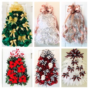 May include: A collection of 10 handmade Christmas wreaths featuring various themes and colors. The wreaths are decorated with burlap, ribbon, bows, and other festive embellishments.