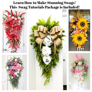 May include: Four different door swags, each with a unique theme. The first swag is red and white with candy canes and a "Merry Christmas" sign. The second swag is green with a burlap bow, white flowers, and a sign that says "Home". The third swag is pink and black with a "hello" sign. The fourth swag is green and pink with a bunny and a "Welcome" sign.