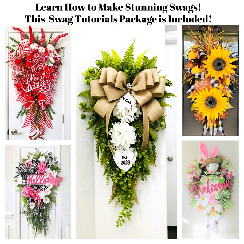 May include: Four different door swags, each with a unique theme. The first swag is red and white with candy canes and a "Merry Christmas" sign. The second swag is green with a burlap bow, white flowers, and a sign that says "Home". The third swag is pink and black with a "hello" sign. The fourth swag is green and pink with a bunny and a "Welcome" sign.