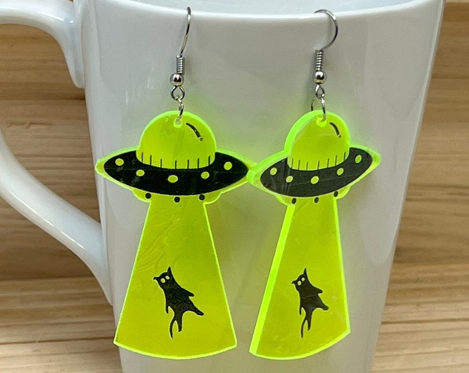 Cat UFO Acrylic Earrings - Horror, Goth, Punk Earrings