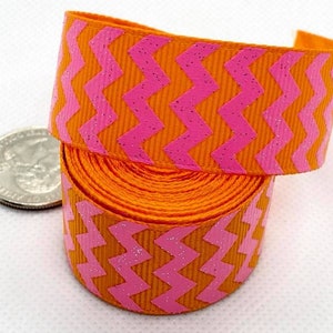 7/8” Pink Glitter Zigzags on Orange Ribbon - USDR - US Designer Ribbon for bows, belts, scrapbooking and more - chevron - glitter - sparkle
