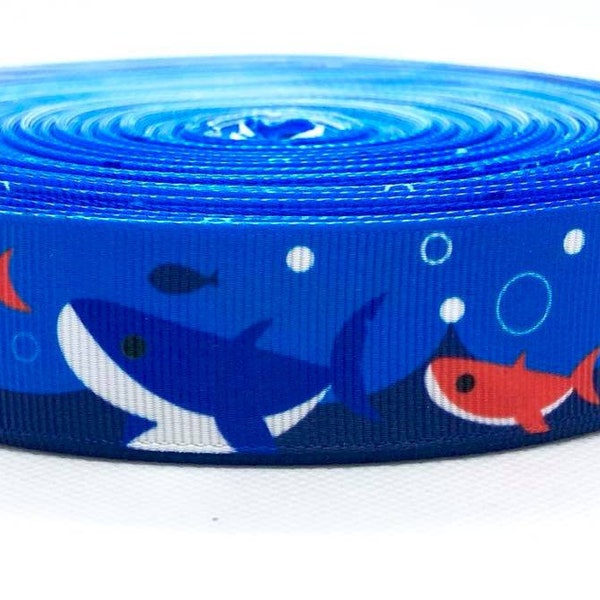 1” Shark Ribbon - ribbon for bows, belts, scrapbooking and more - sharks - sea life - fish - underwater - ocean themed - bubbles