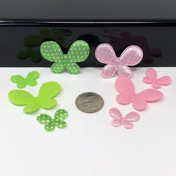 Pink and Green Butterfly Applique Set - Bow centers - clippie embellishments - hair accessories crafts - padded appliques - Spring - Summer