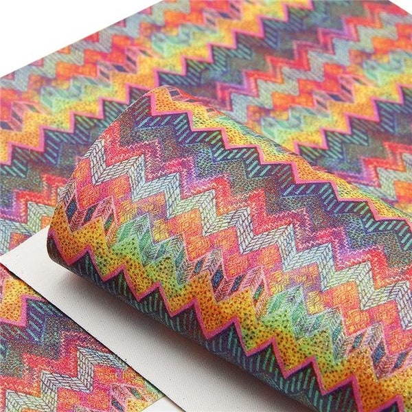 Fine Glitter Rainbow Geometric Chevron Sheet - Faux Leather Sheets for Bows, Earrings, Wallets, Journals, Planners, Scrapbooking, and more