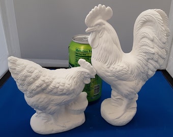 Ceramic Bisque Rooster and hen  (ready to paint)