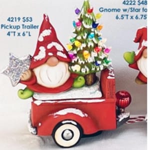 Gnome with Christmas tree Ceramic Bisque Pickup truck insert (ready to paint)