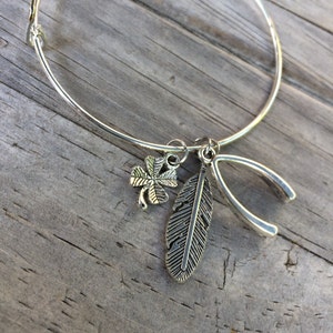 Good Luck bracelet, Wishbone Bracelet, Feather Bangle, Charm bracelet image 1