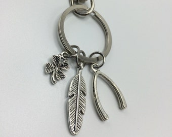 Good Luck Charm Keychain, St. Patrick's Day Keychain, Feather Charm Keychain, Four Leaf Clover Keychain, gifts for her