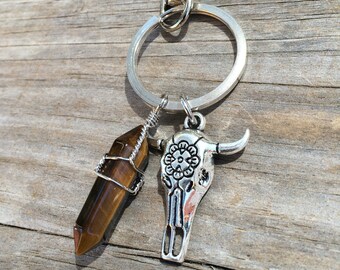 Longhorn Skull Crystal Keychain, Western Keychain, Amethyst, Quartz, Opalite, Aventurine, Tigereye, bull skull, cow skull, gifts for her