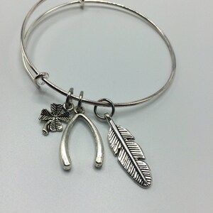 Good Luck bracelet, Wishbone Bracelet, Feather Bangle, Charm bracelet image 2