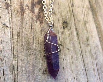 Amethyst Crystal Necklace, Wire Wrapped on a Silver Plated Necklace 18 inches, Amethyst Necklace, Crystal Necklace,