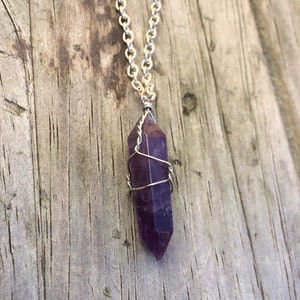 Amethyst Crystal Necklace, Wire Wrapped on a Silver Plated Necklace 18 inches, Amethyst Necklace, Crystal Necklace,