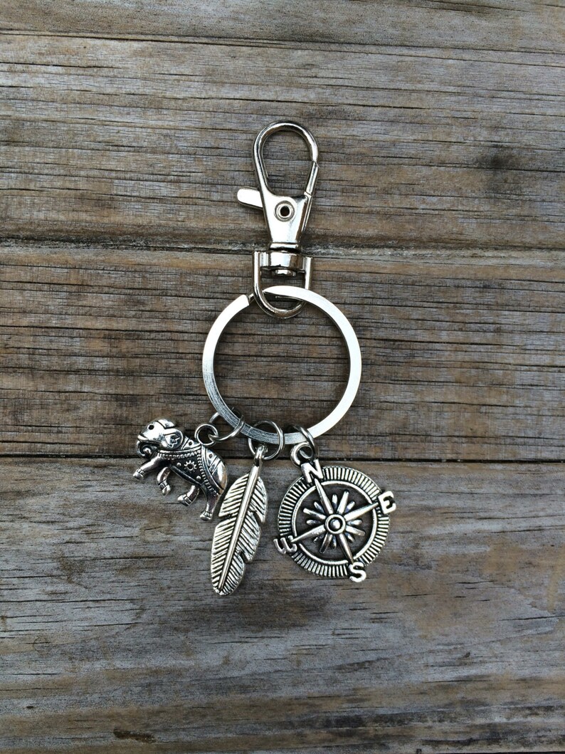 Elephant Compass Charm Keychain, Feather Keychain, Charm Keychain, Wilderness Keychain, gifts for her image 1