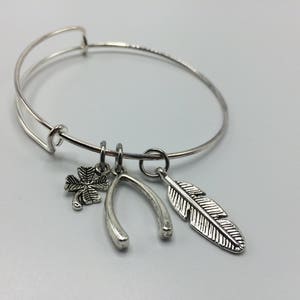 Good Luck bracelet, Wishbone Bracelet, Feather Bangle, Charm bracelet image 5