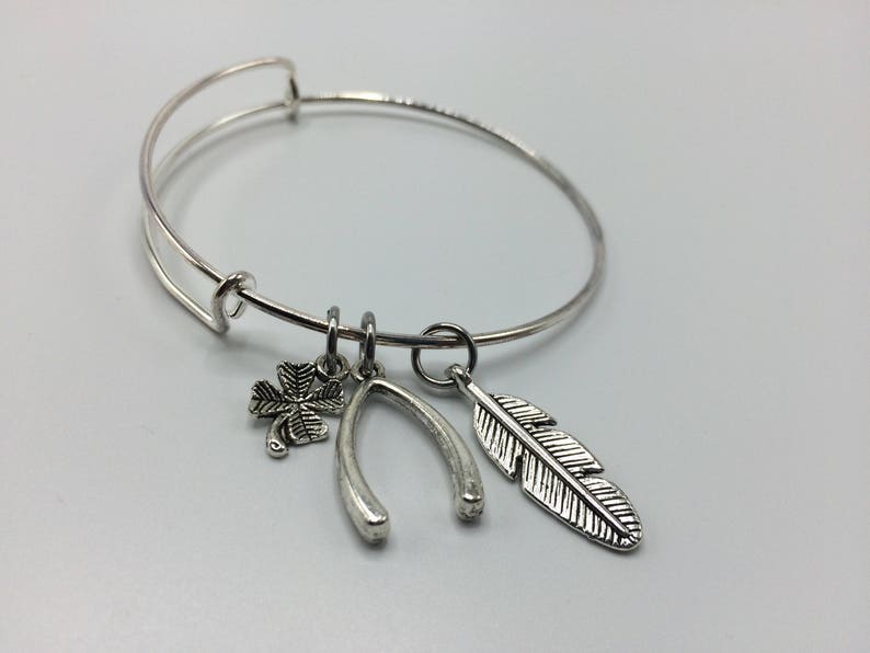 Good Luck bracelet, Wishbone Bracelet, Feather Bangle, Charm bracelet image 5