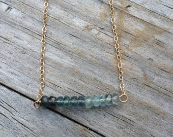 Delicate Aquamarine Ombre Necklace, Aquamarine Bar Necklace, 14k gold necklace, Aqua Gold Necklace, Smooth Beaded Ombre Necklace