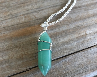 Aventurine Raw Crystal Wire Wrapped on a Silver Plated Necklace 18 inches, Aventurine Necklace, Crystal Necklace, Wire Wrapped Necklace