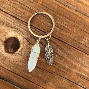 Feather Crystal Keychain, Feather Keychain, boho festival jewelry, boho festival keychain Opalite